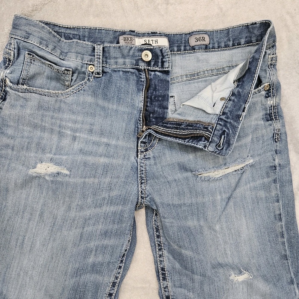 BKE Seth 36R Straight Leg Distressed Jeans Light Wash‎ Y2K Denim Crazy Fade - Picture 4 of 15